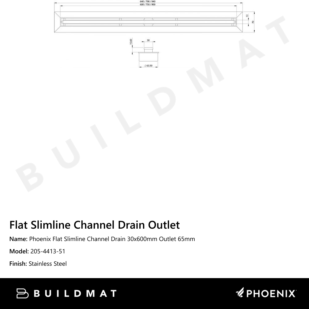 Phoenix Flat Slimline Channel Drain 30x600mm Outlet 65mm   Stainless Steel