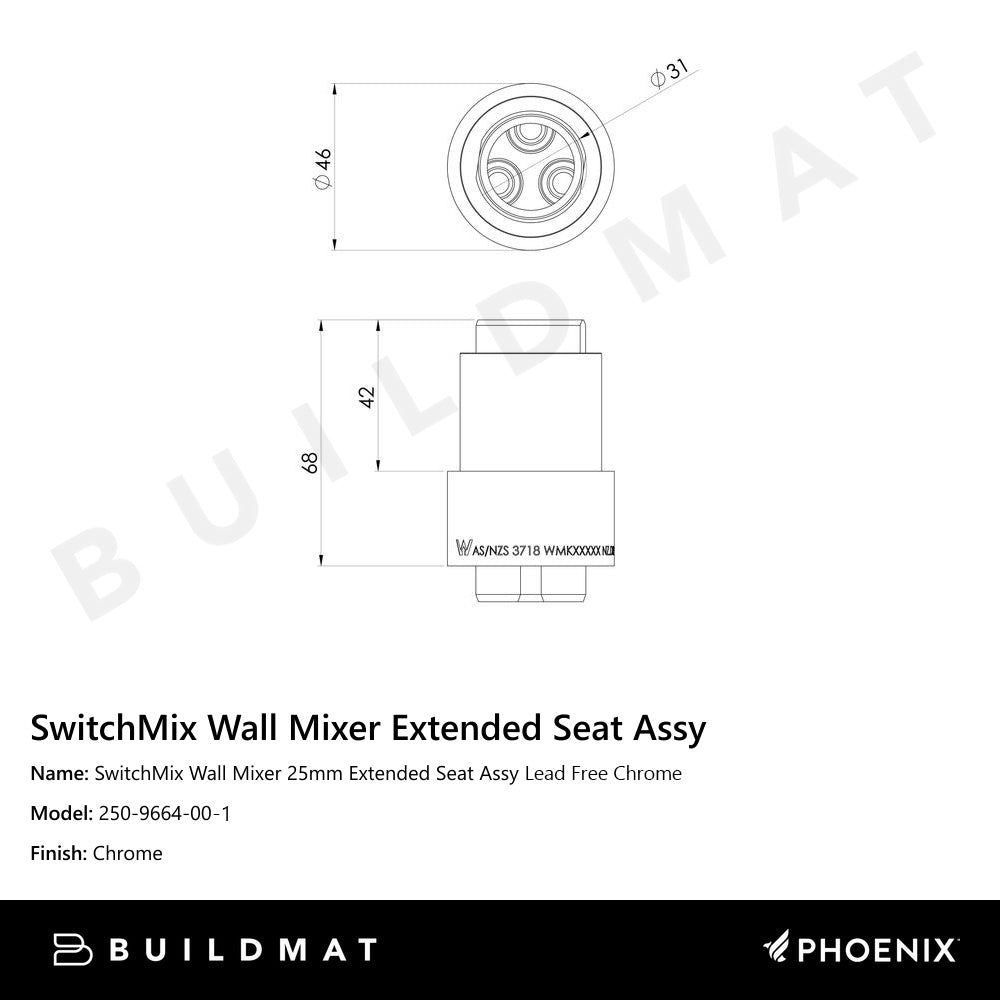 SwitchMix Wall Mixer 25mm Extended Seat Assy Lead Free Chrome