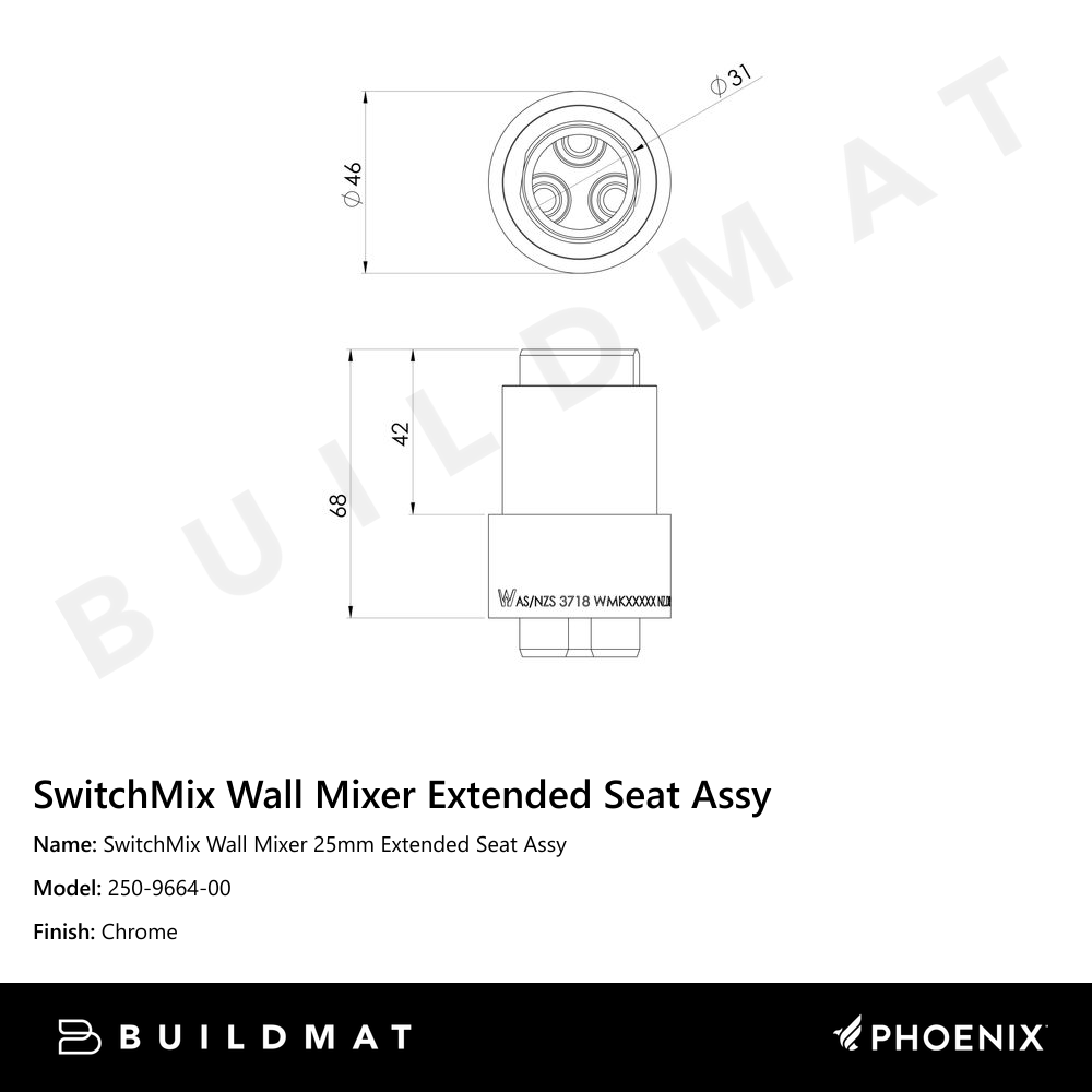 SwitchMix Wall Mixer 25mm Extended Seat Assy Chrome