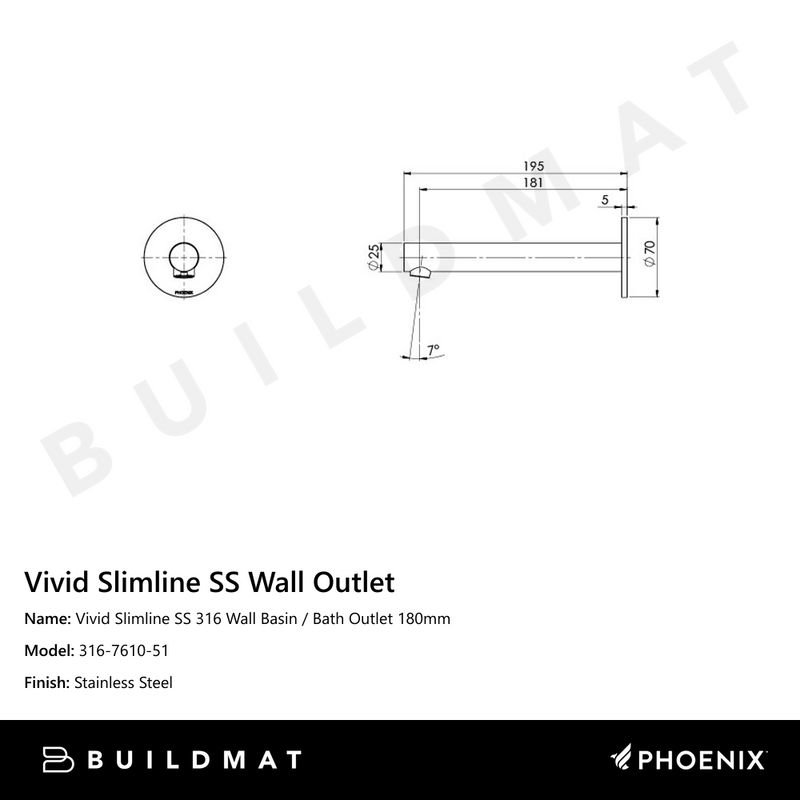 Vivid Slimline SS 316 Wall Basin / Bath Outlet 180mm  Stainless Steel