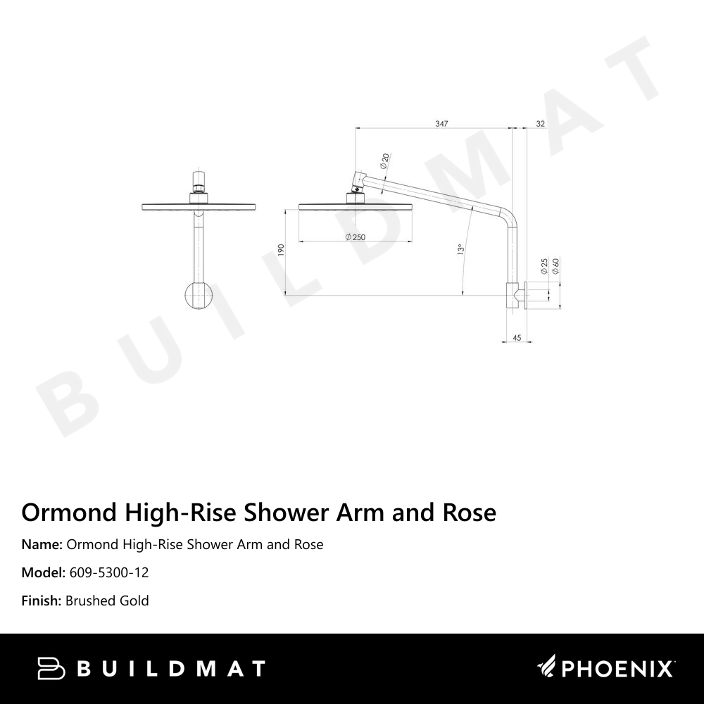 Ormond High-Rise Shower Arm & Rose Brushed Gold