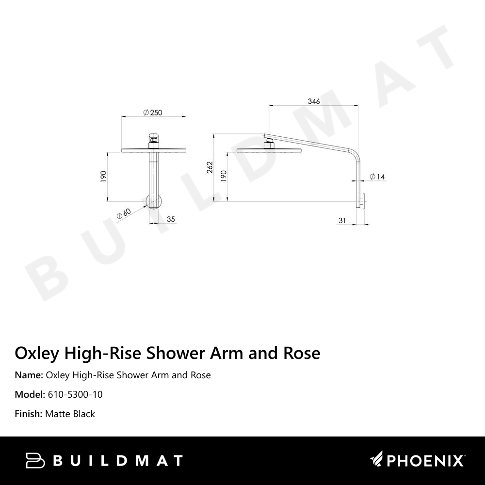 Oxley High-Rise Shower Arm & Rose  Matte Black