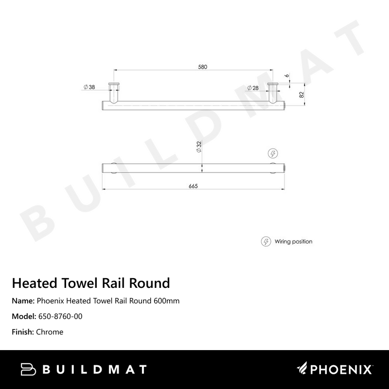 Phoenix Heated Towel Rail Round 600mm Chrome