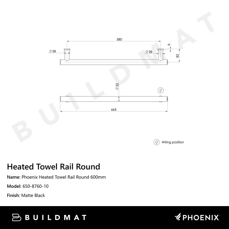 Phoenix Heated Towel Rail Round 600mm Matte Black