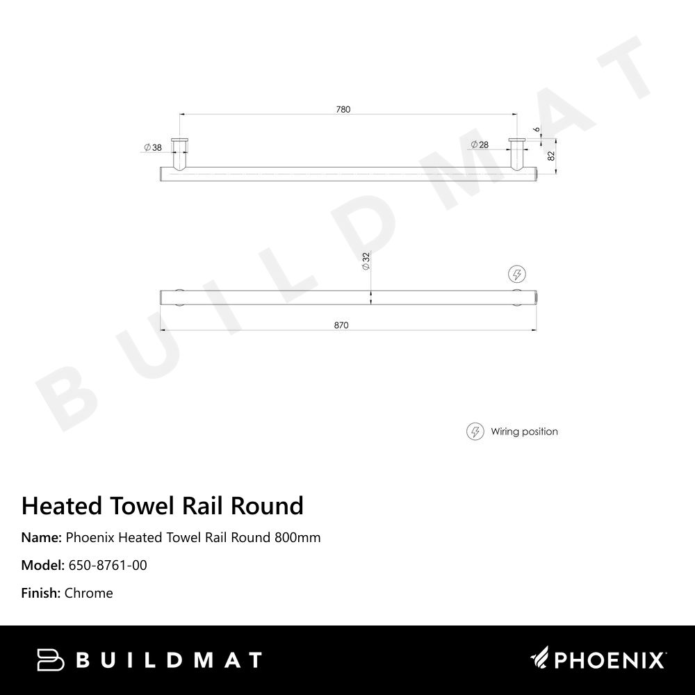 Phoenix Heated Towel Rail Round 800mm Chrome