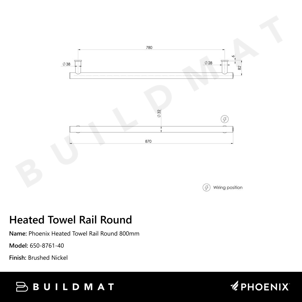 Phoenix Heated Towel Rail Round 800mm Brushed Nickel