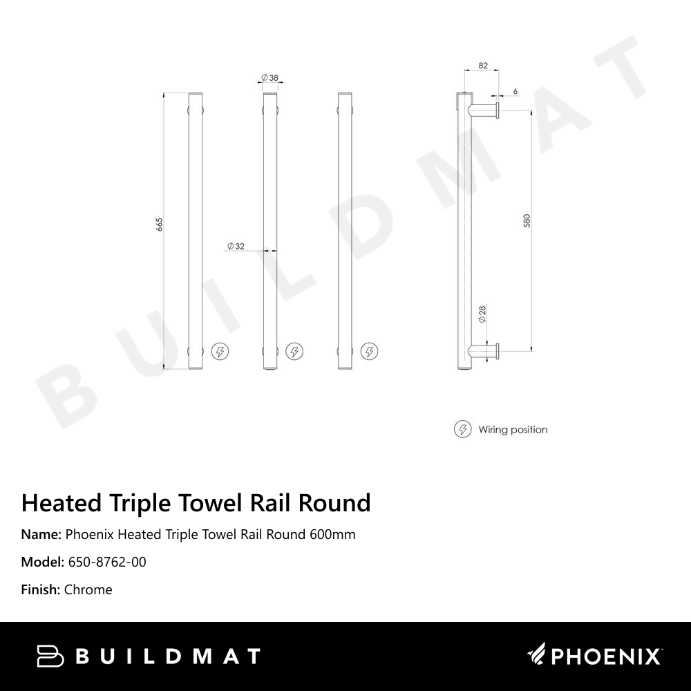 Phoenix Heated Triple Towel Rail Round 600mm Chrome