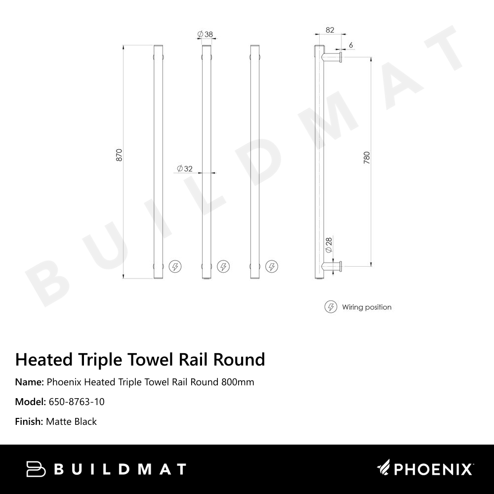 Phoenix Heated Triple Towel Rail Round 800mm Matte Black