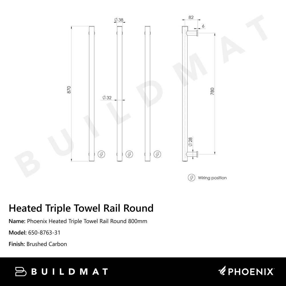 Phoenix Heated Triple Towel Rail Round 800mm Brushed Carbon