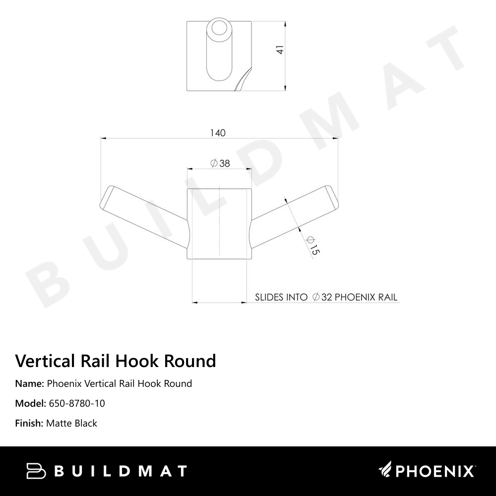 Phoenix Vertical Rail Hook Round Matte Black