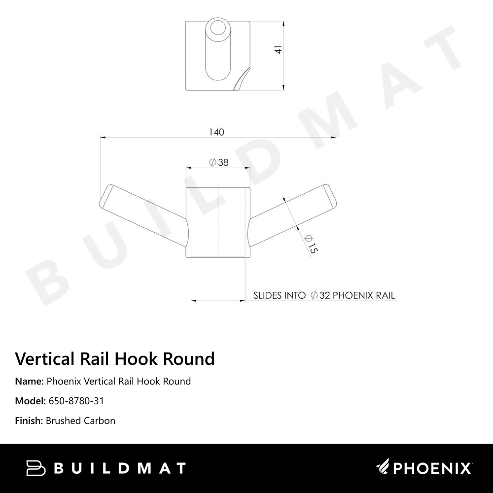 Phoenix Vertical Rail Hook Round Brushed Carbon