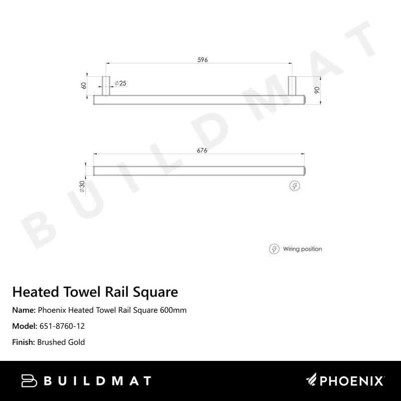Phoenix Heated Towel Rail Square 600mm Brushed Gold