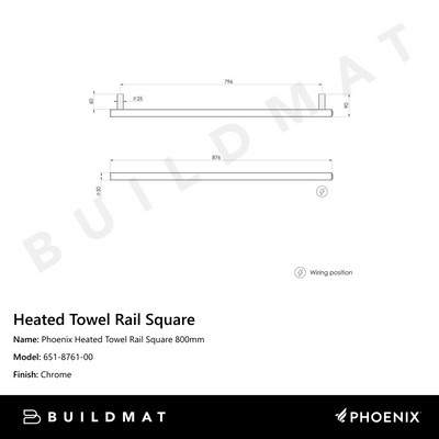 Phoenix Heated Towel Rail Square 800mm Chrome