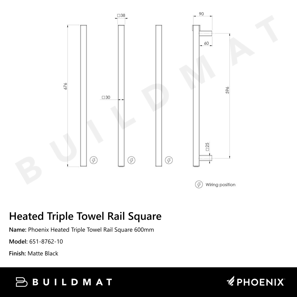 Phoenix Heated Triple Towel Rail Square 600mm Matte Black