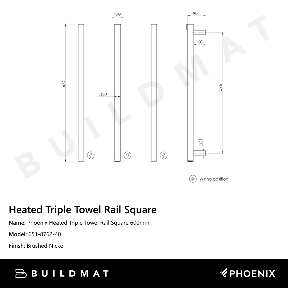 Phoenix Heated Triple Towel Rail Square 600mm Brushed Nickel