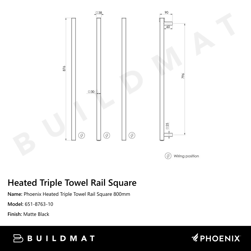 Phoenix Heated Triple Towel Rail Square 800mm Matte Black