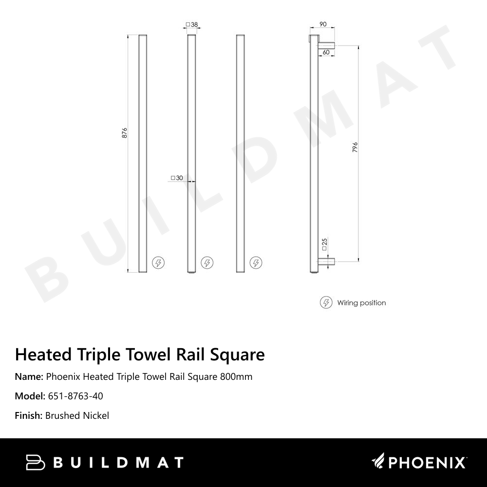 Phoenix Heated Triple Towel Rail Square 800mm Brushed Nickel