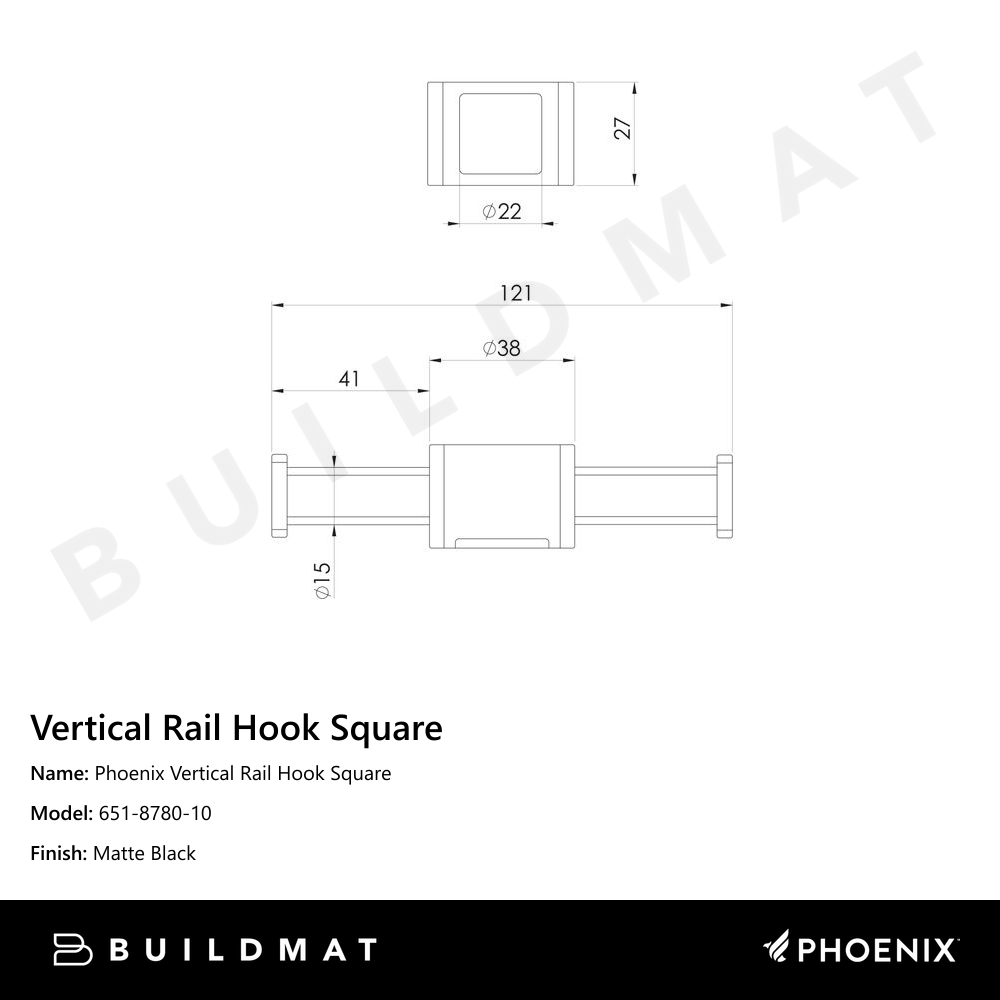 Phoenix Vertical Rail Hook Square Matte Black