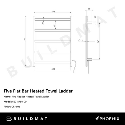 Phoenix Five Flat Bar Heated Towel Ladder 550mm x 740mm Chrome