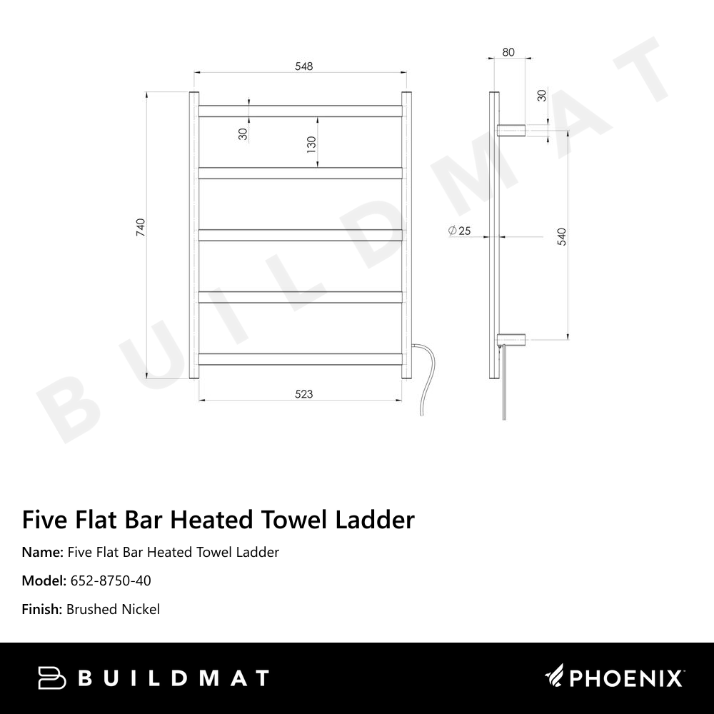 Phoenix Five Flat Bar Heated Towel Ladder 550mm x 740mm Brushed Nickel