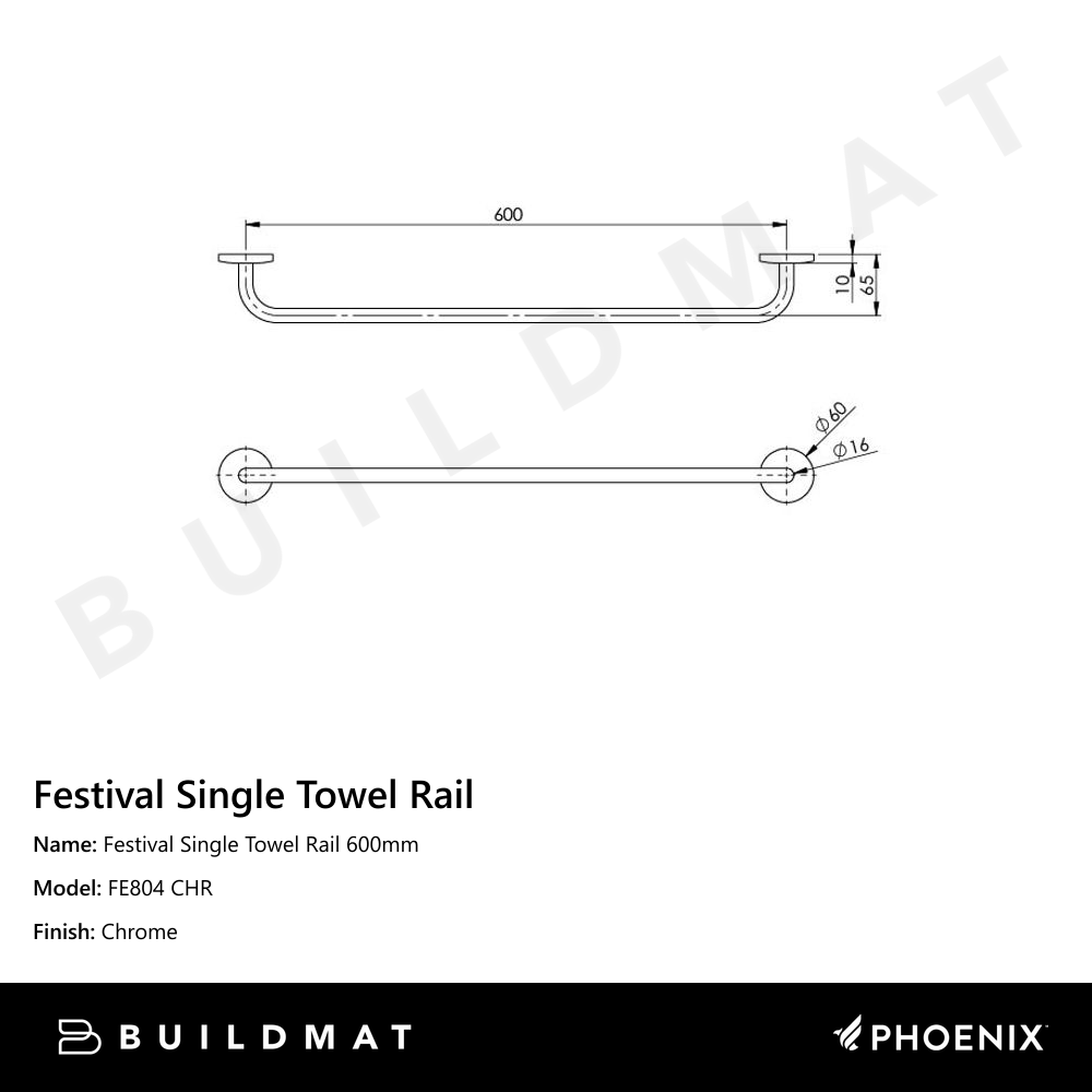 Festival Single Towel Rail 600mm Chrome