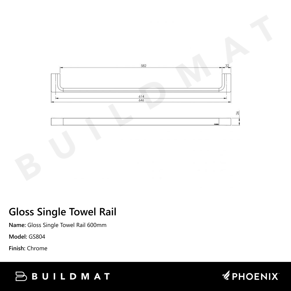 Gloss Single Towel Rail 600mm Chrome