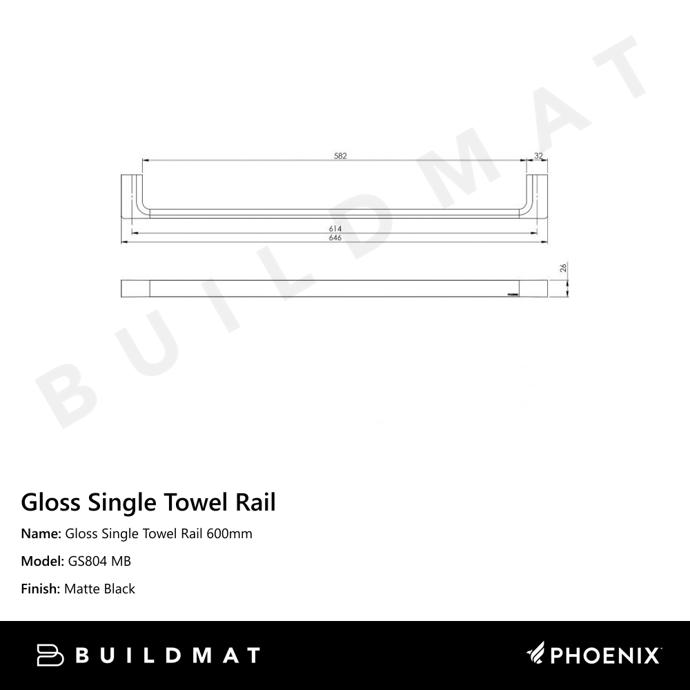 Gloss Single Towel Rail 600mm Matte Black