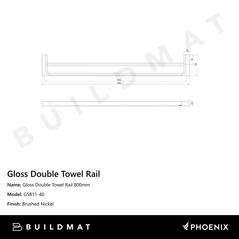 Gloss Double Towel Rail 800mm Brushed Nickel