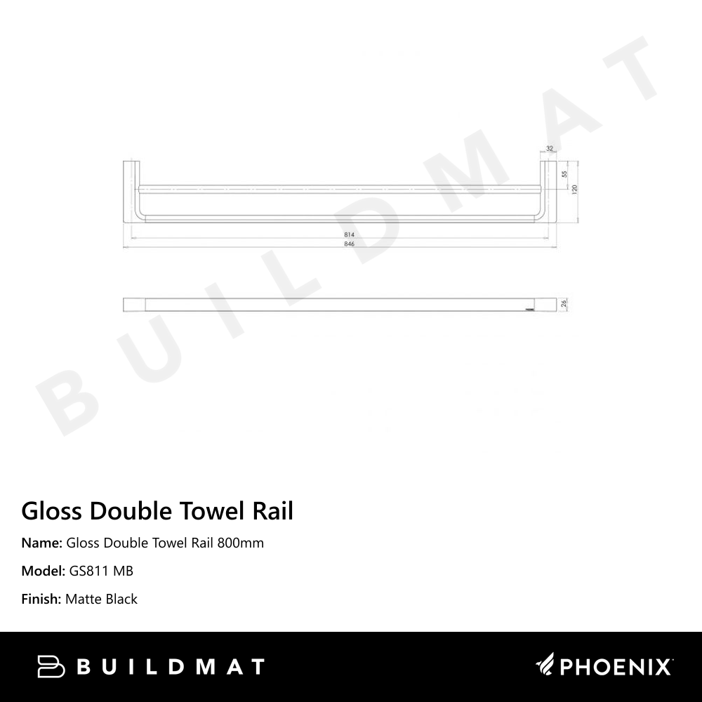 Gloss Double Towel Rail 800mm Matte Black