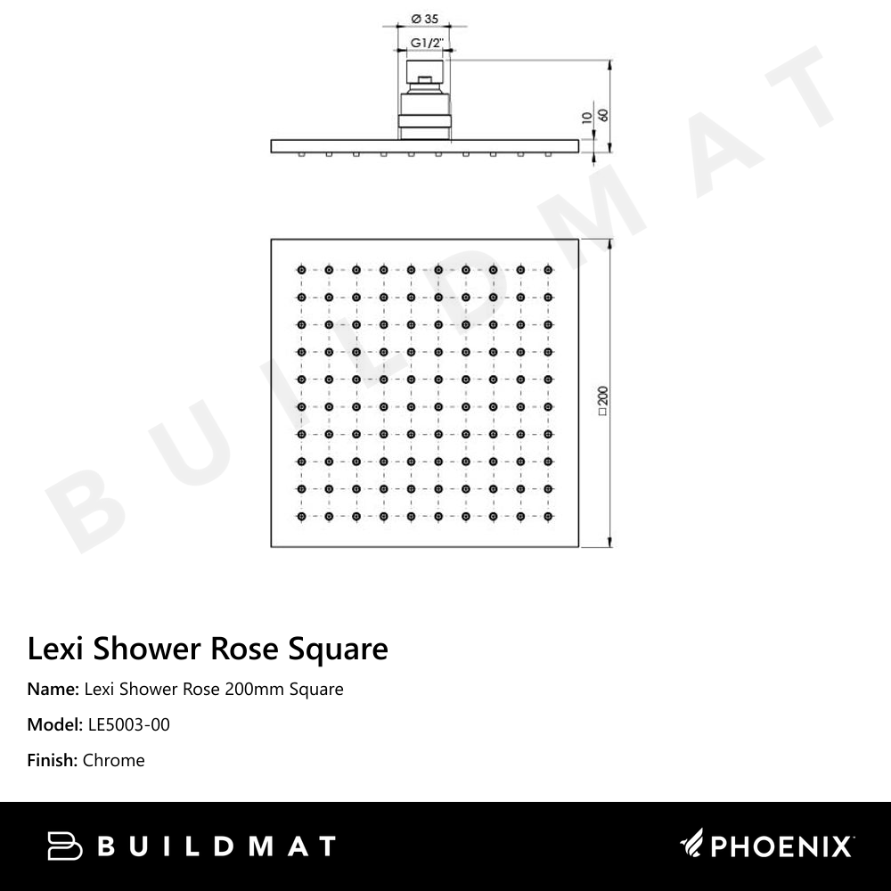 Lexi Shower Rose 200mm Square Stainless Steel