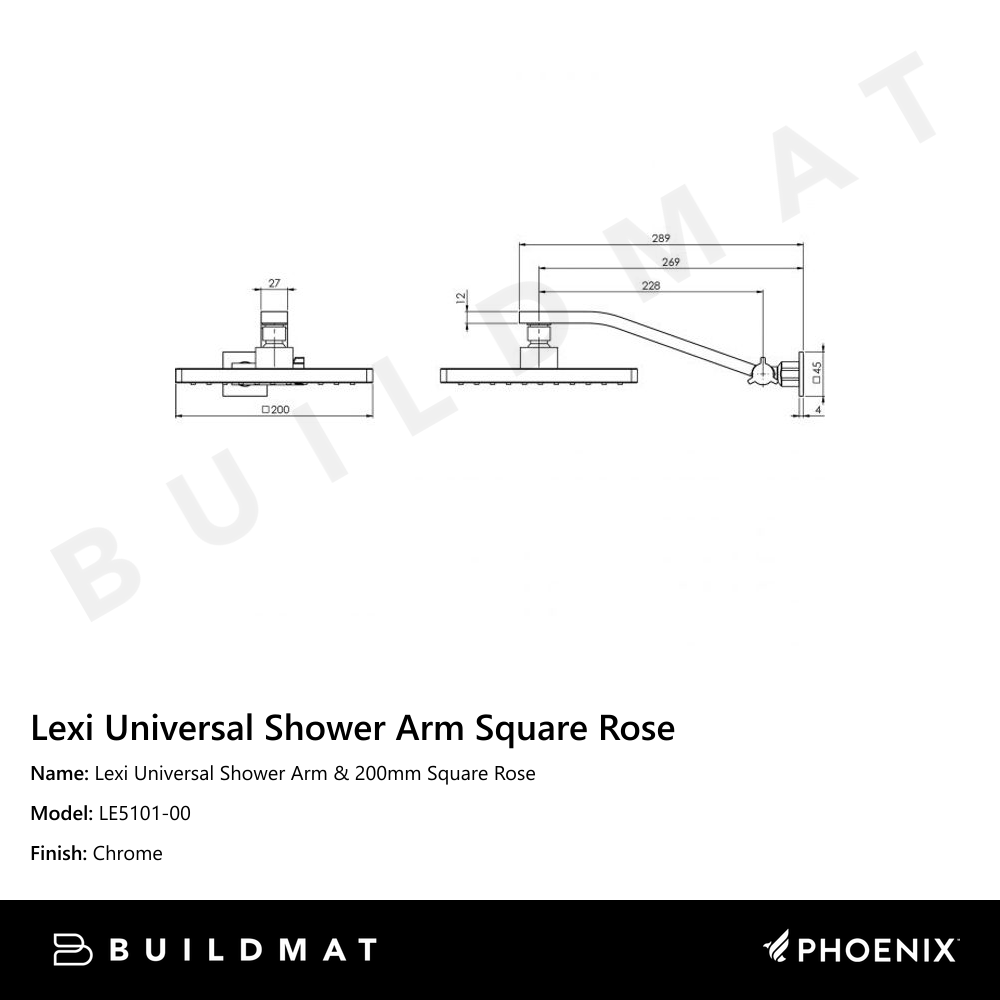 Lexi Universal Shower Arm & 200mm Square Rose Chrome