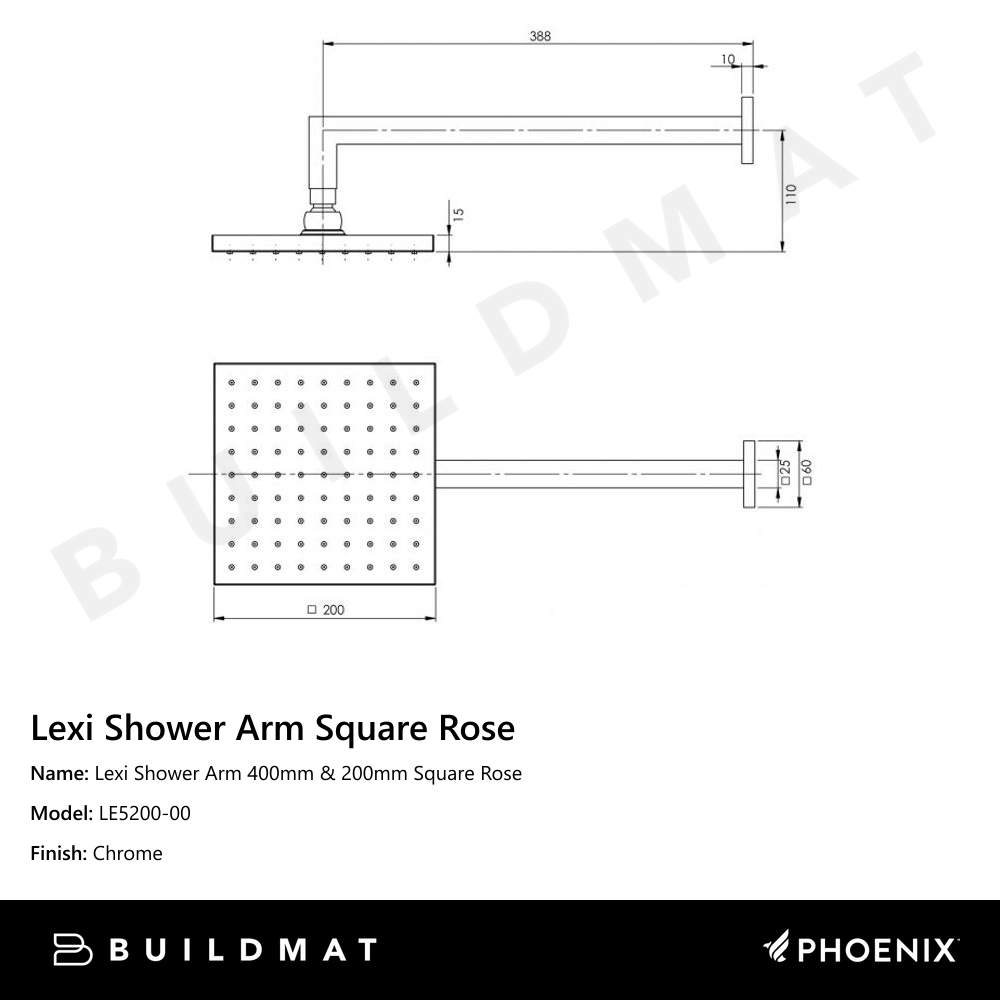 Lexi Shower Arm 400mm & 200mm Square Rose Chrome