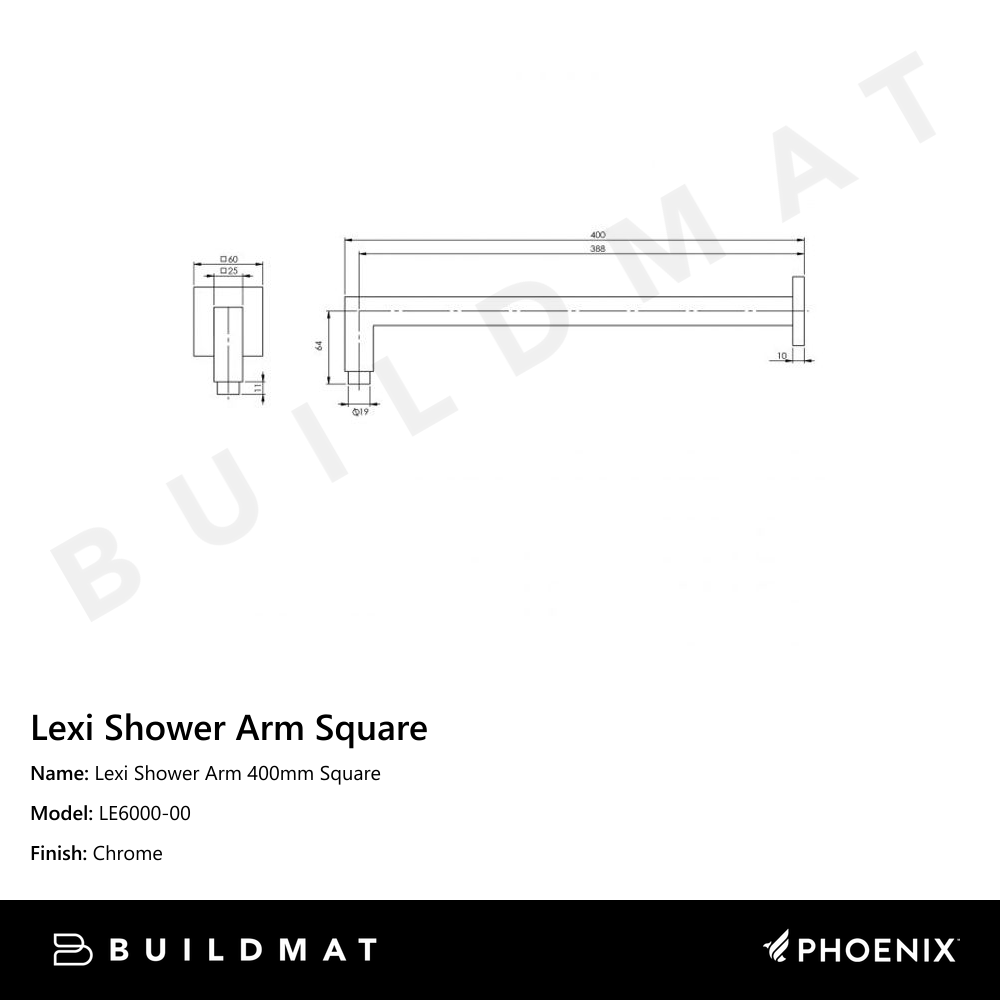 Lexi Shower Arm 400mm Square Chrome