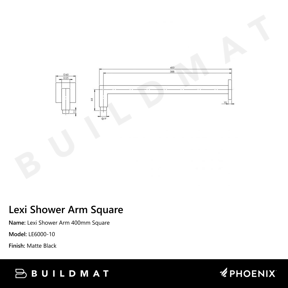 Lexi Shower Arm 400mm Square Matte Black