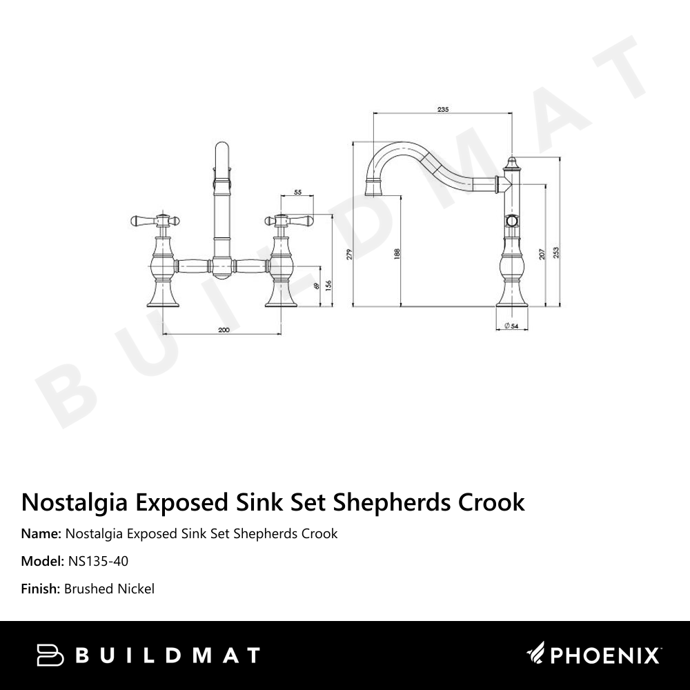 Nostalgia Exposed Sink Set 230mm Shepherds Crook Brushed Nickel