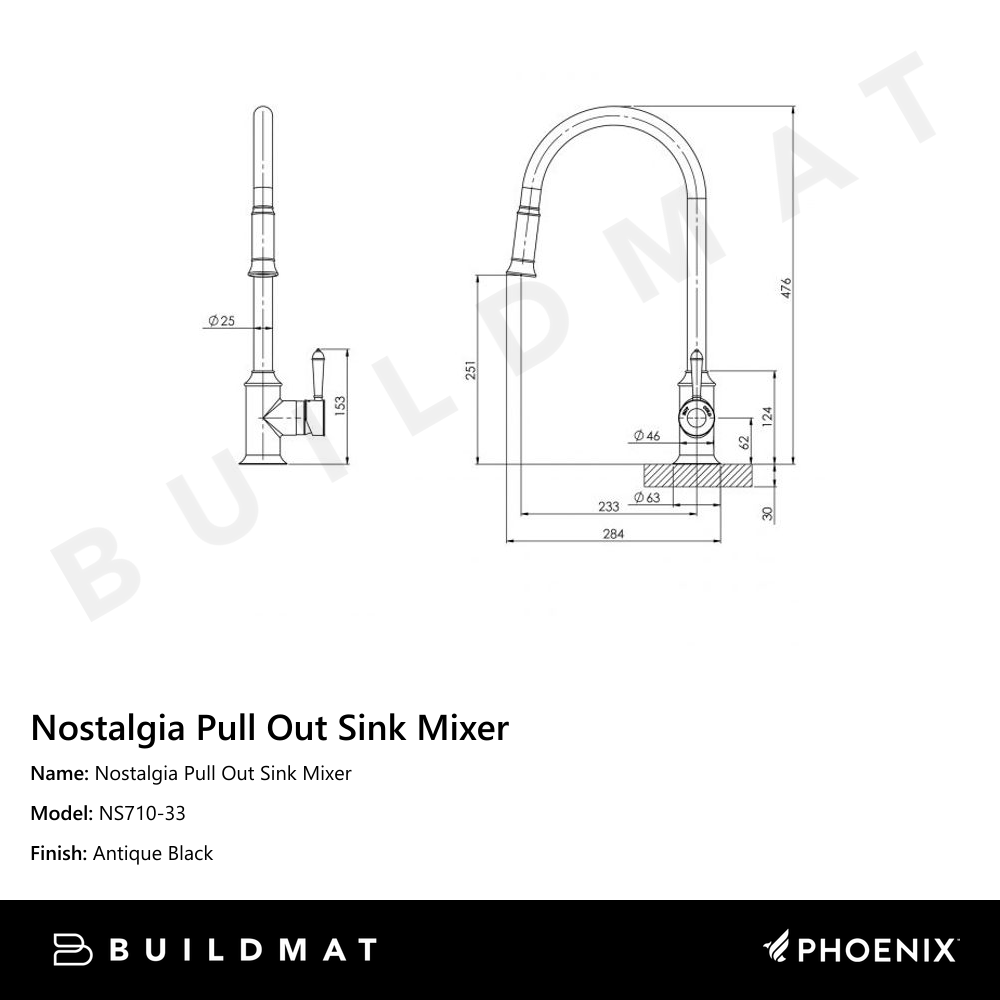 Nostalgia Pull Out Sink Mixer 230mm Antique Black