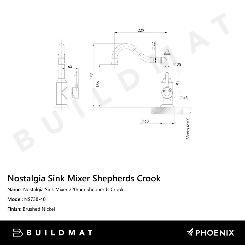 Nostalgia Sink Mixer 220mm Shepherds Crook Brushed Nickel