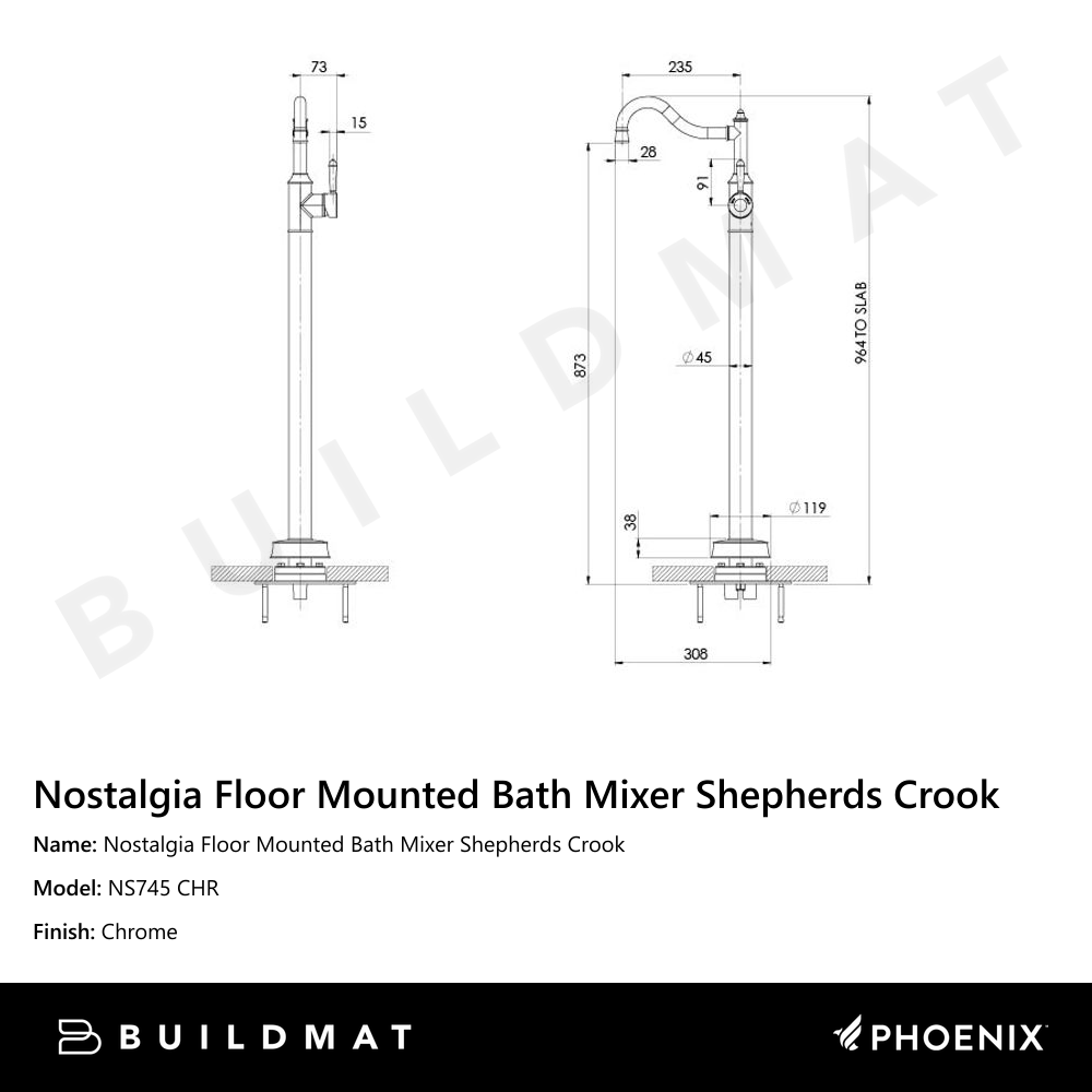 Nostalgia Floor Mounted Bath Mixer Shepherds Crook Chrome