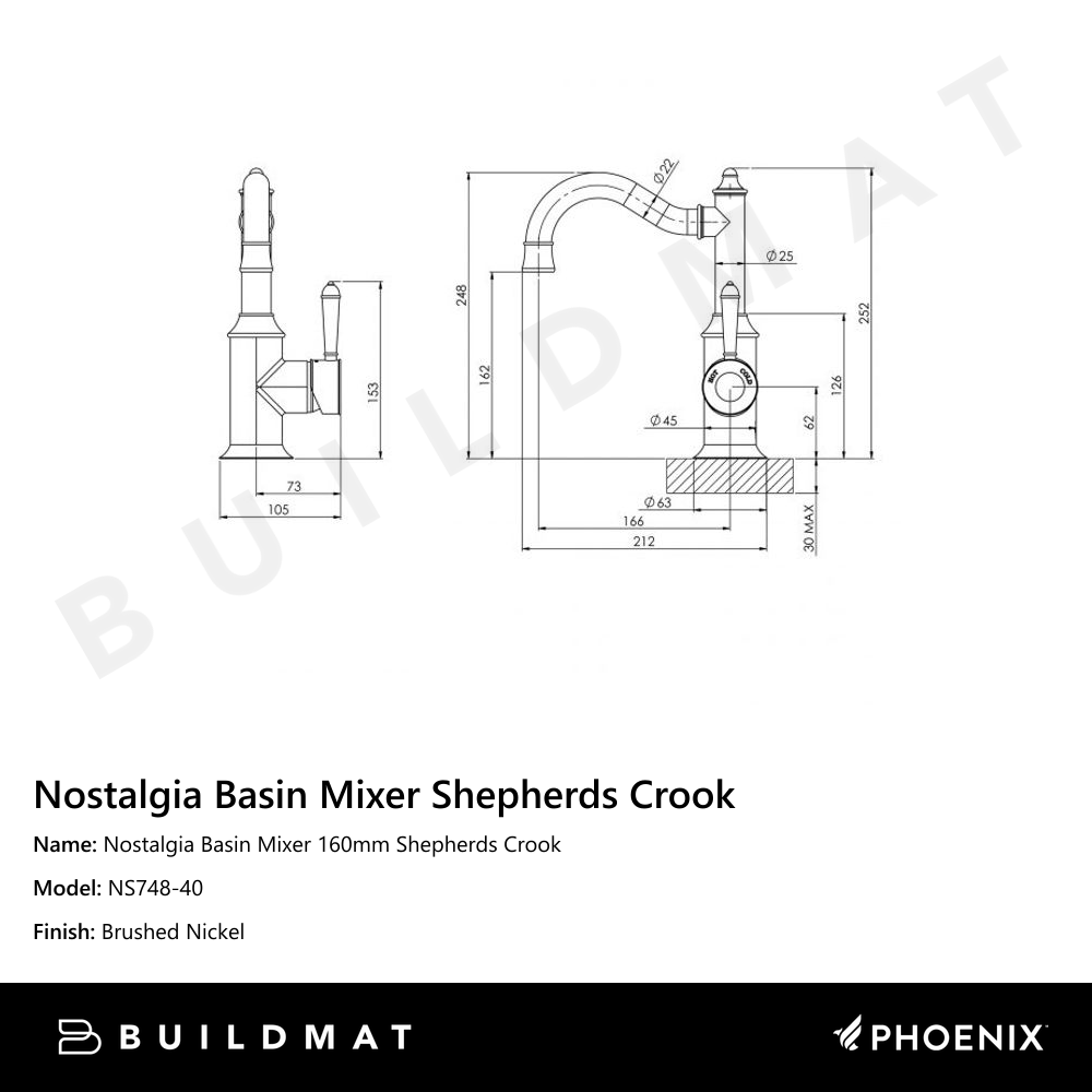 Nostalgia Basin Mixer 160mm Shepherds Crook Brushed Nickel