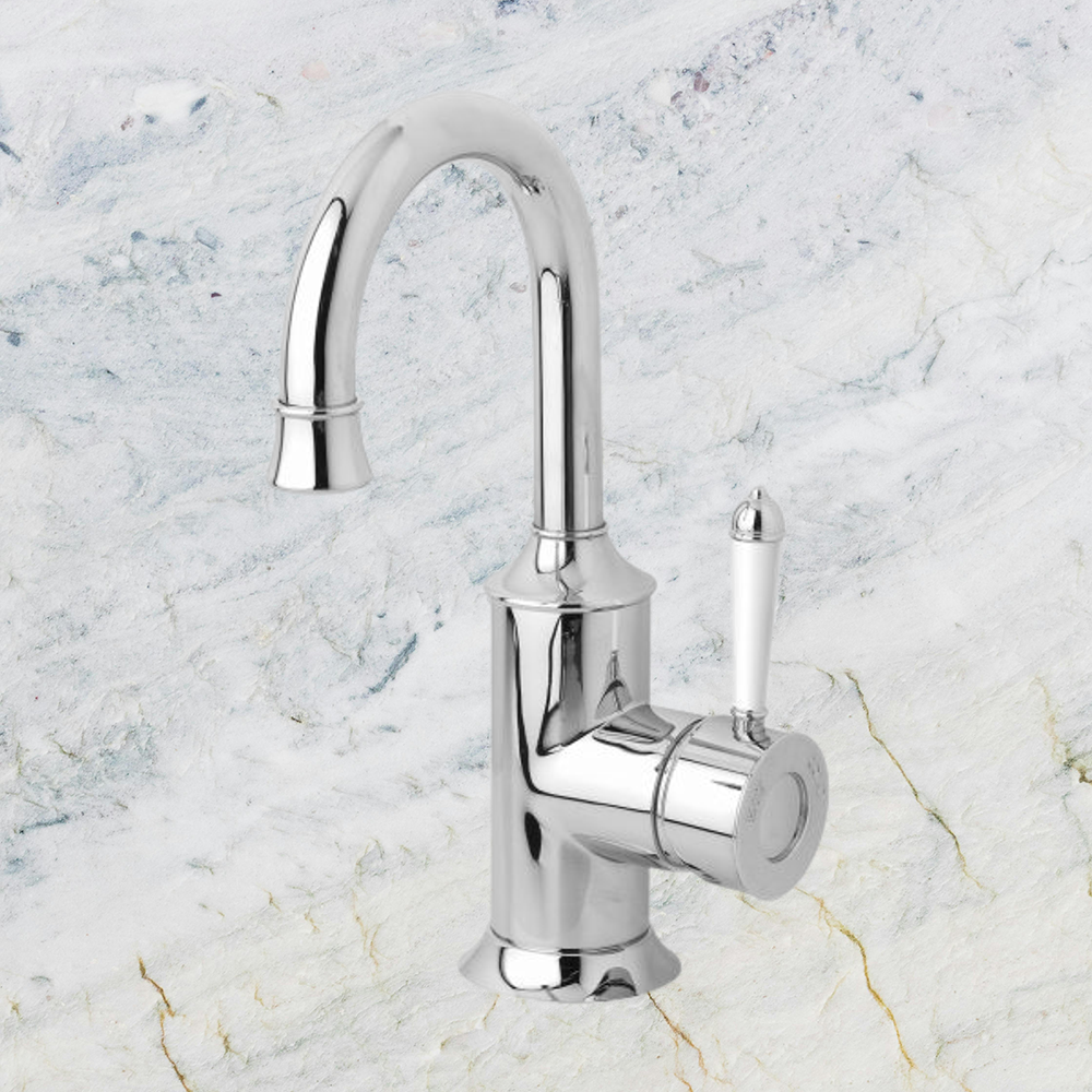 Nostalgia Basin Mixer 120mm Gooseneck Chrome White