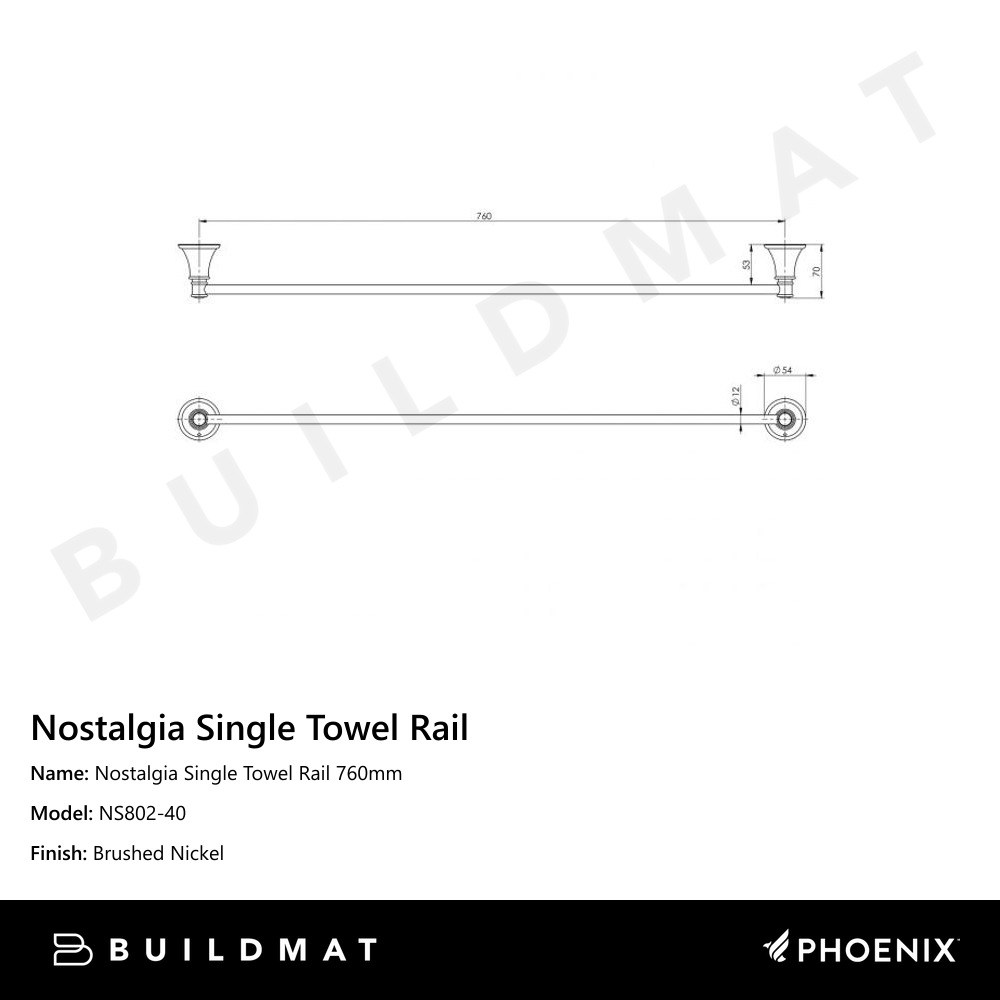 Nostalgia Single Towel Rail 760mm Brushed Nickel