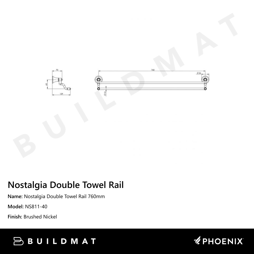 Nostalgia Double Towel Rail 760mm Brushed Nickel