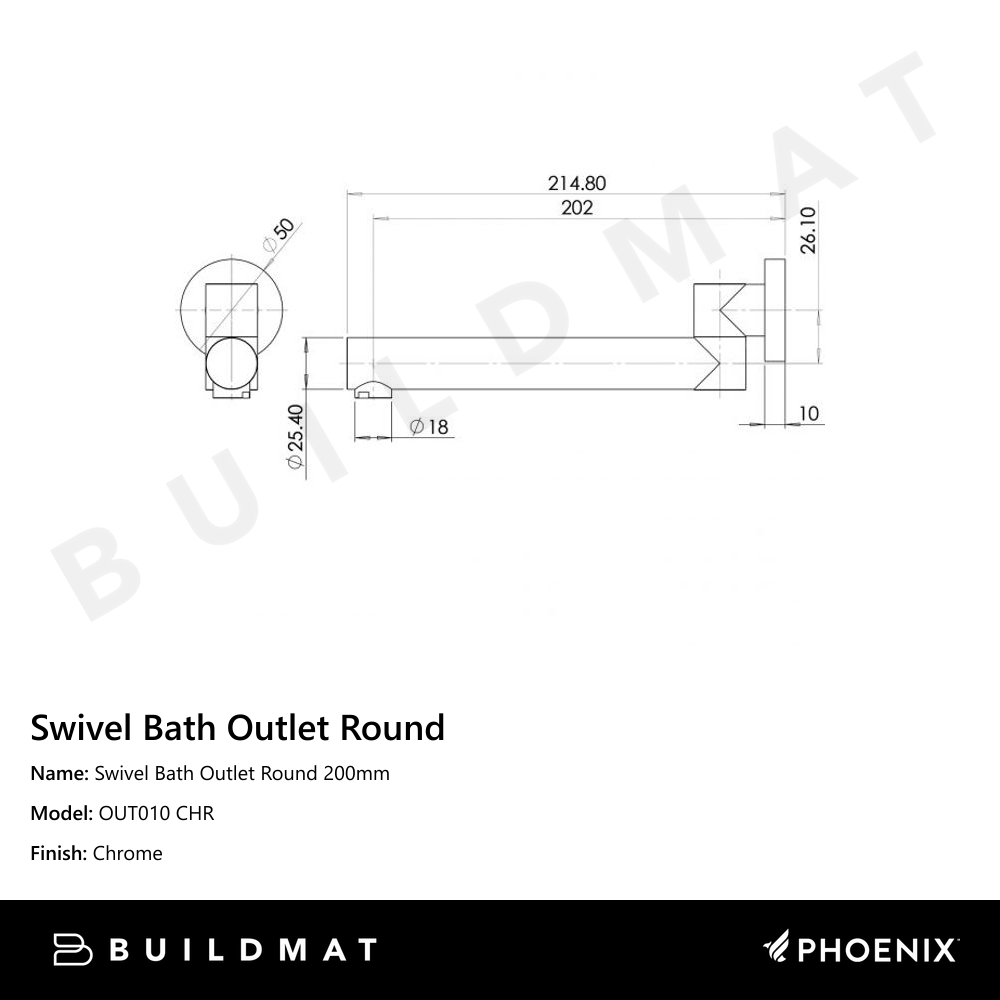 Swivel Bath Outlet Round 200mm Chrome