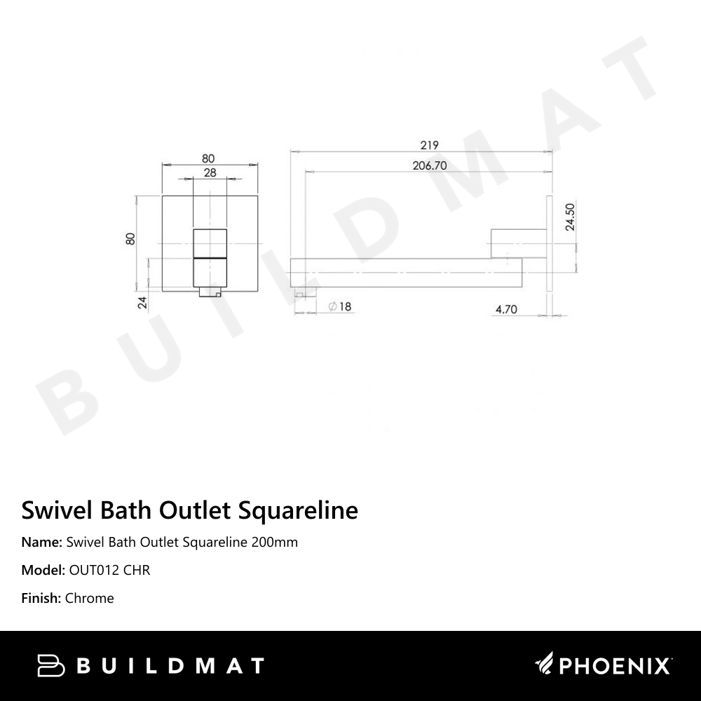 Swivel Bath Outlet Squareline 200mm Chrome