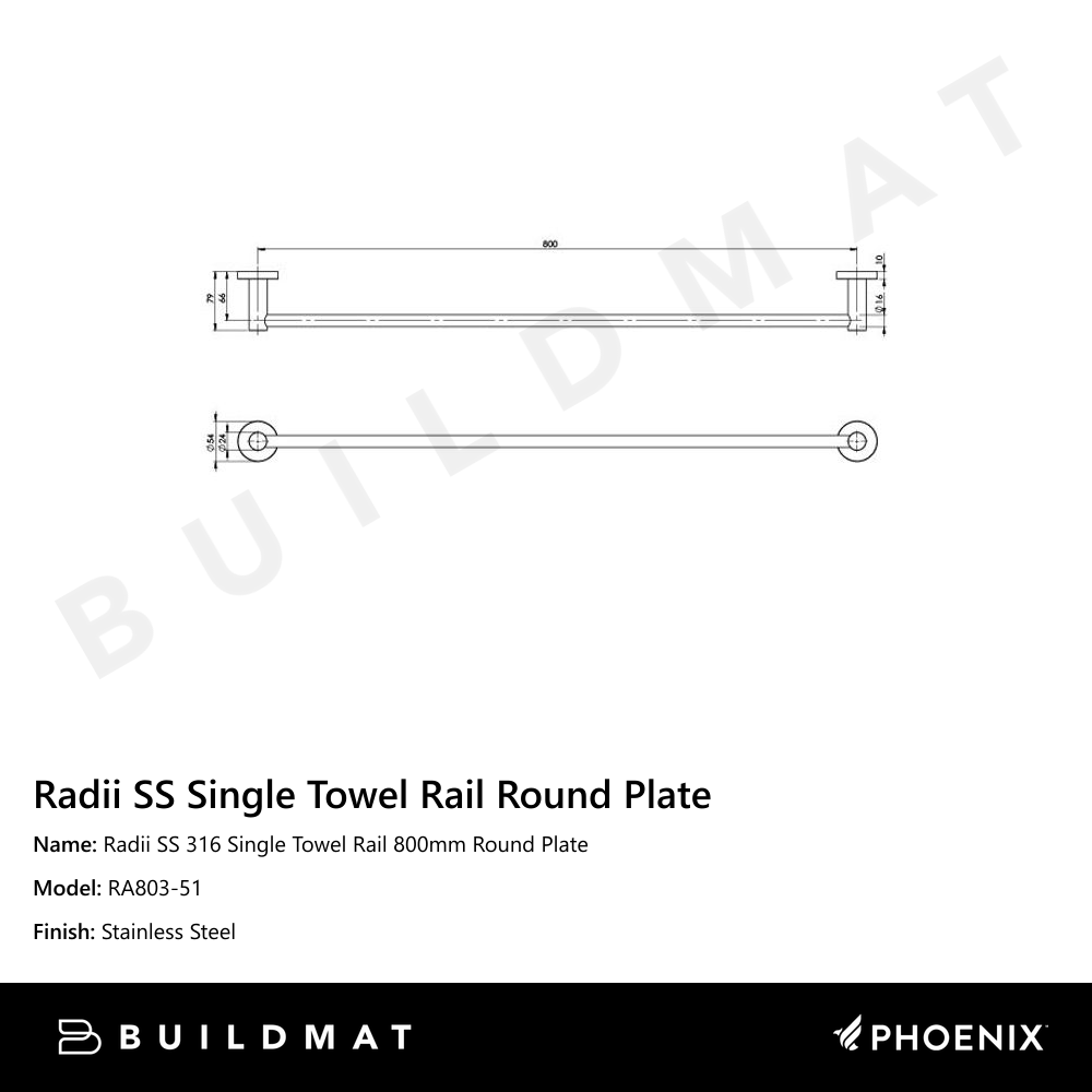 Radii SS 316 Single Towel Rail Round Plate 800mm  Stainless Steel