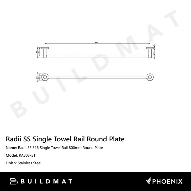 Radii SS 316 Single Towel Rail Round Plate 800mm  Stainless Steel