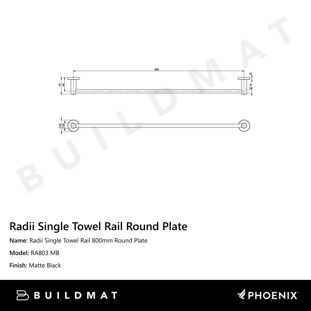 Radii Single Towel Rail 800mm Round Plate Matte Black