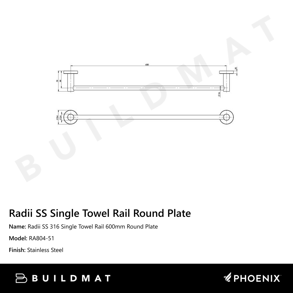 Radii SS 316 Single Towel Rail Round Plate 600mm  Stainless Steel