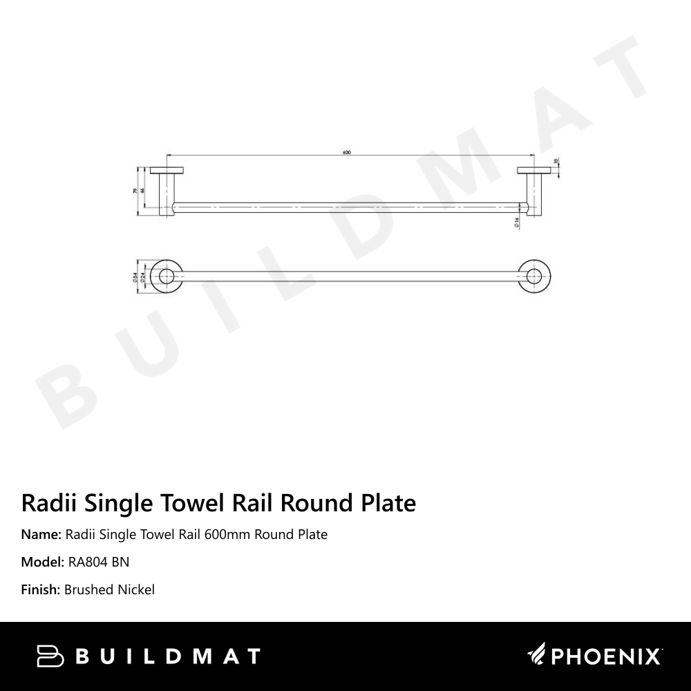 Radii Single Towel Rail 600mm Round Plate Brushed Nickel