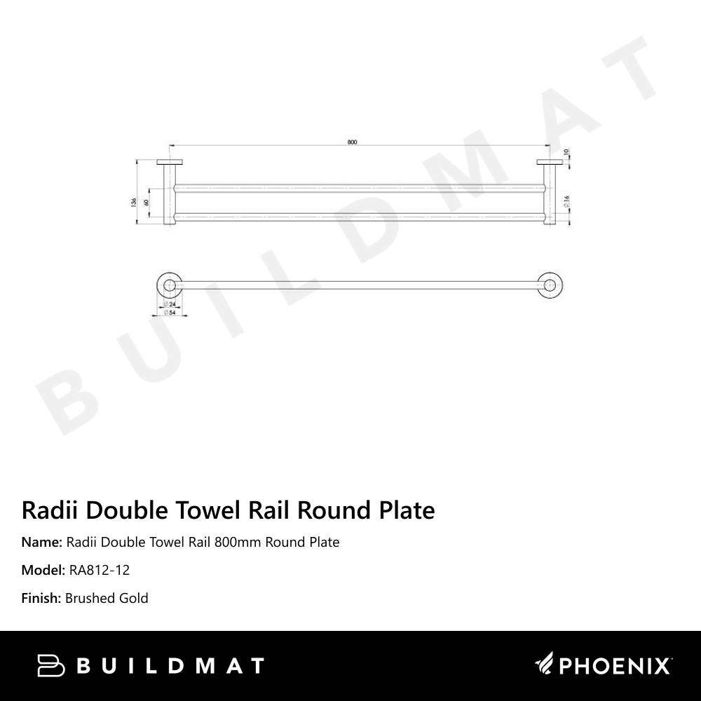 Radii Double Towel Rail 800mm Round Plate Brushed Gold